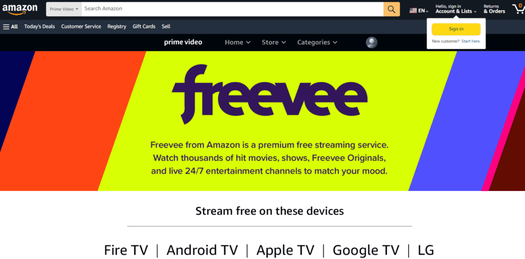 Amazon Freevee Official Website Dashboard